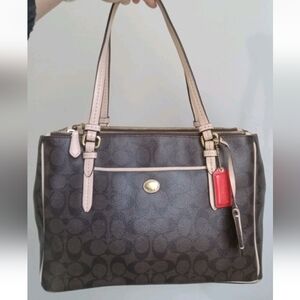 ⛔️SOLD⛔️ Coach Signature Brown Tote with Beige Leather Trim & Gold Hardware